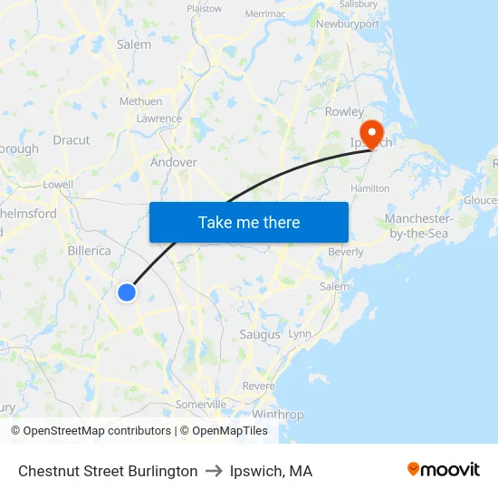 Chestnut Street Burlington to Ipswich, MA map