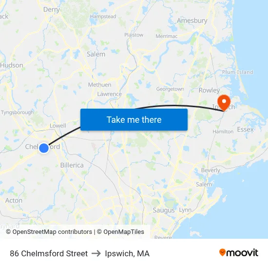 86 Chelmsford Street to Ipswich, MA map