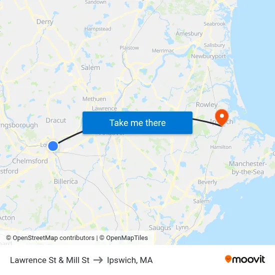 Lawrence St & Mill St to Ipswich, MA map