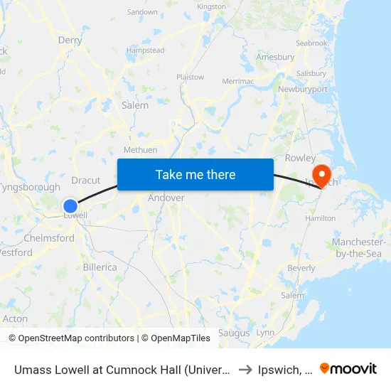 Umass Lowell at Cumnock Hall (University Ave) to Ipswich, MA map