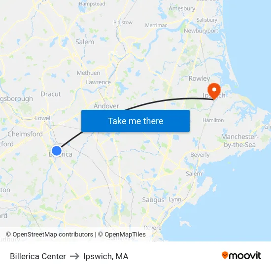 Billerica Center to Ipswich, MA map