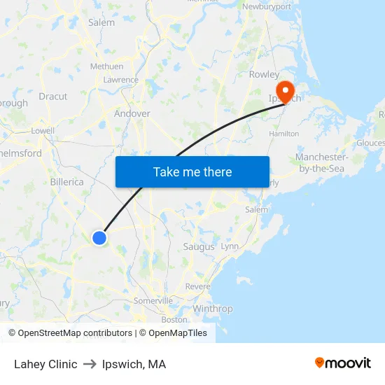 Lahey Clinic to Ipswich, MA map
