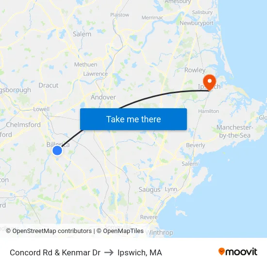 Concord Rd & Kenmar Dr to Ipswich, MA map