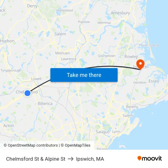 Chelmsford St & Alpine St to Ipswich, MA map