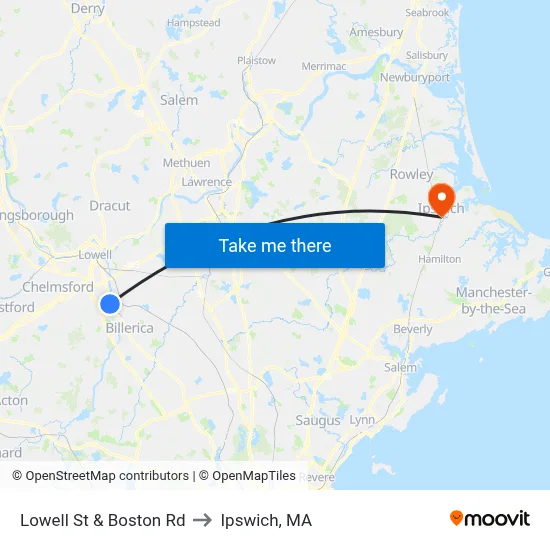 Lowell St & Boston Rd to Ipswich, MA map