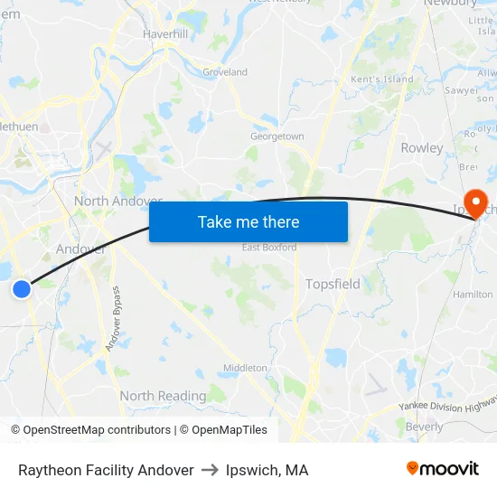 Raytheon Facility Andover to Ipswich, MA map