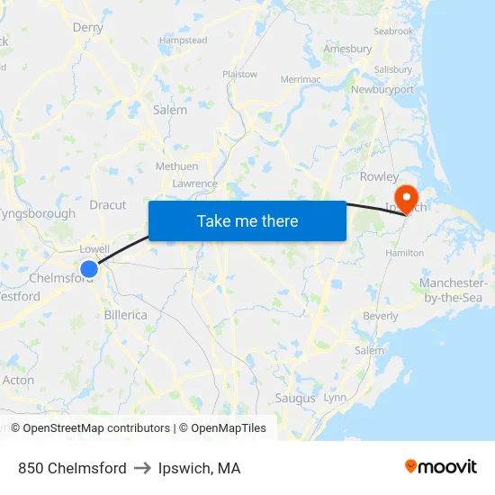 850 Chelmsford to Ipswich, MA map
