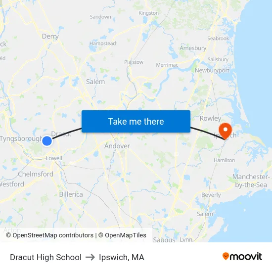 Dracut High School to Ipswich, MA map