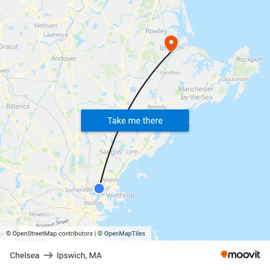 Chelsea to Ipswich, MA map