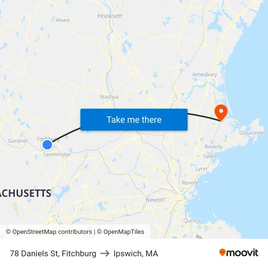 78 Daniels St, Fitchburg to Ipswich, MA map