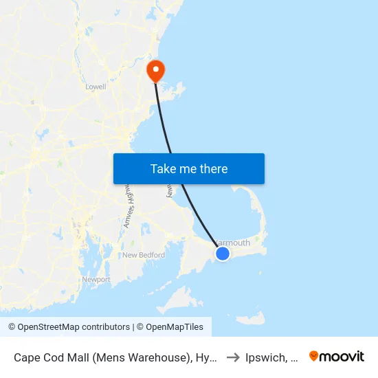 Cape Cod Mall (Mens Warehouse), Hyannis to Ipswich, MA map