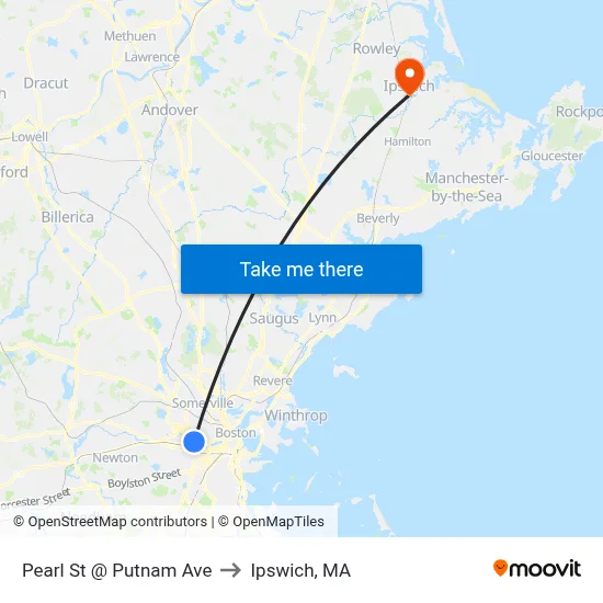 Pearl St @ Putnam Ave to Ipswich, MA map