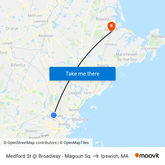 Medford St @ Broadway - Magoun Sq to Ipswich, MA map