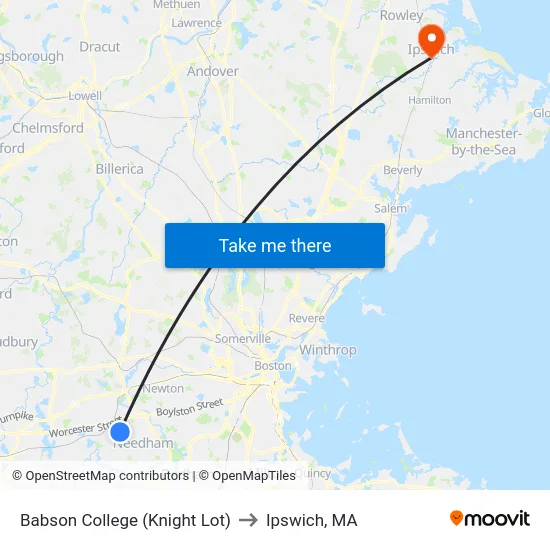 Babson College (Knight Lot) to Ipswich, MA map