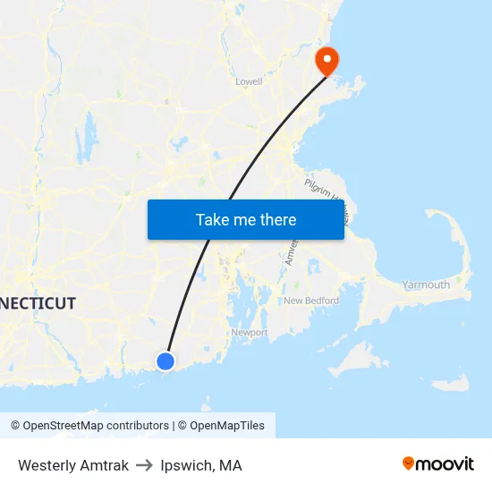 Westerly Amtrak to Ipswich, MA map
