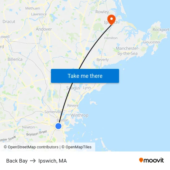 Back Bay to Ipswich, MA map