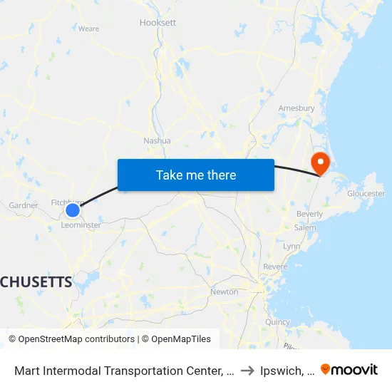 Mart Intermodal Transportation Center, Fitchburg to Ipswich, MA map