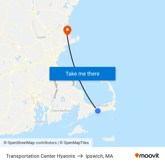 Transportation Center Hyannis to Ipswich, MA map