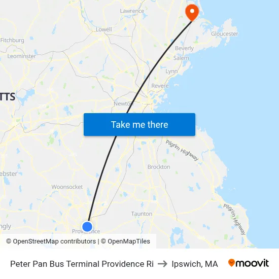 Peter Pan Bus Terminal Providence Ri to Ipswich, MA map