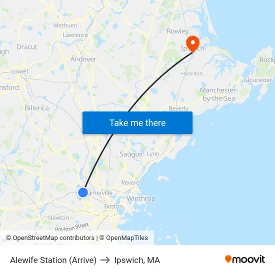 Alewife Station (Arrive) to Ipswich, MA map