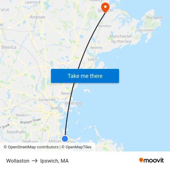 Wollaston to Ipswich, MA map