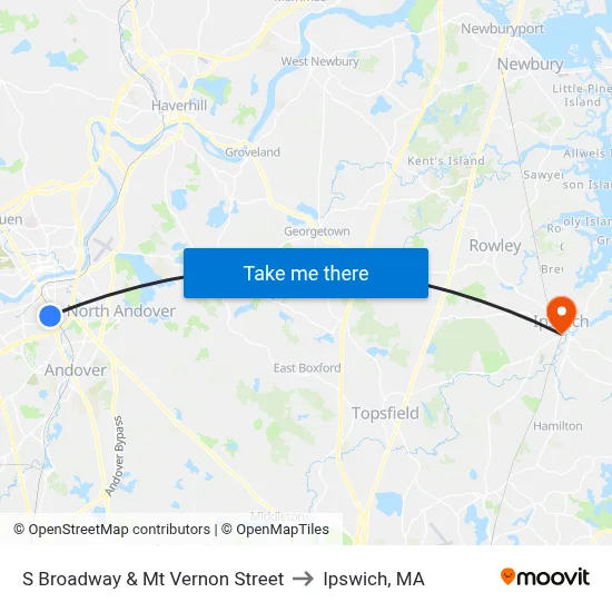 S Broadway & Mt Vernon Street to Ipswich, MA map