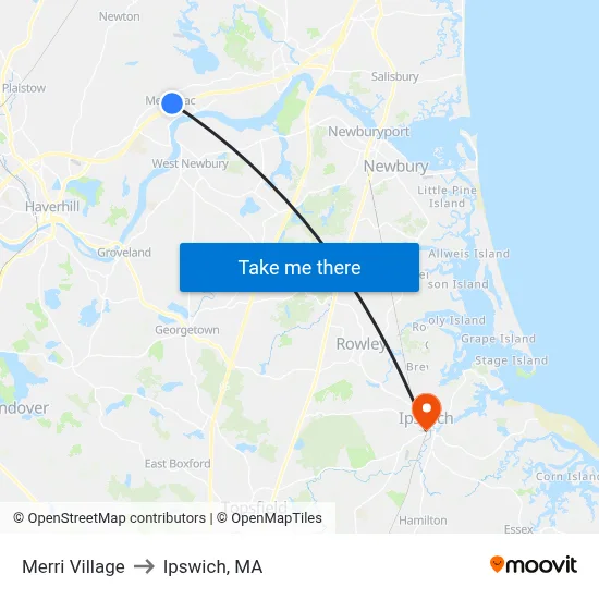 Merri Village to Ipswich, MA map