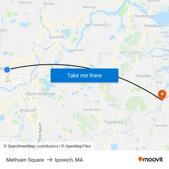 Methuen Square to Ipswich, MA map