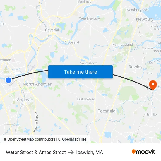Water Street & Ames Street to Ipswich, MA map