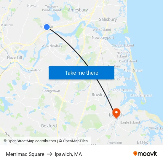 Merrimac Square to Ipswich, MA map
