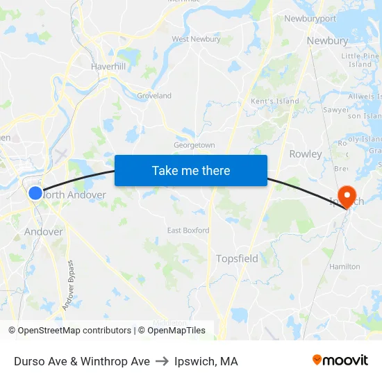 Durso Ave & Winthrop Ave to Ipswich, MA map