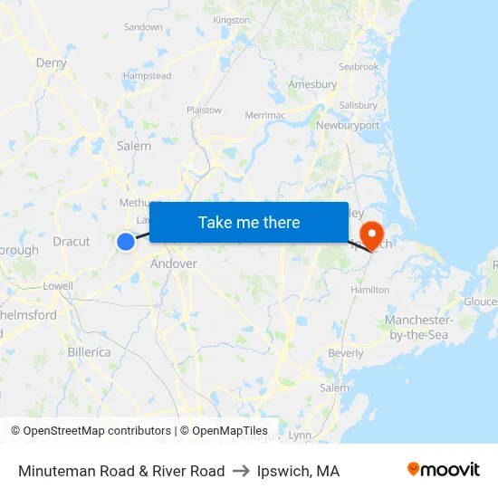 Minuteman Road & River Road to Ipswich, MA map
