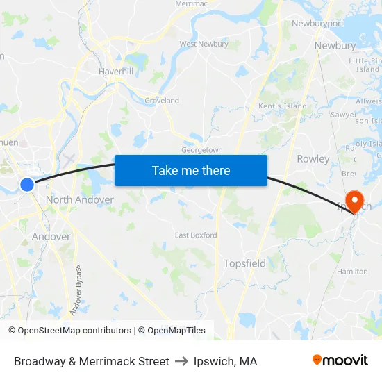 Broadway & Merrimack Street to Ipswich, MA map