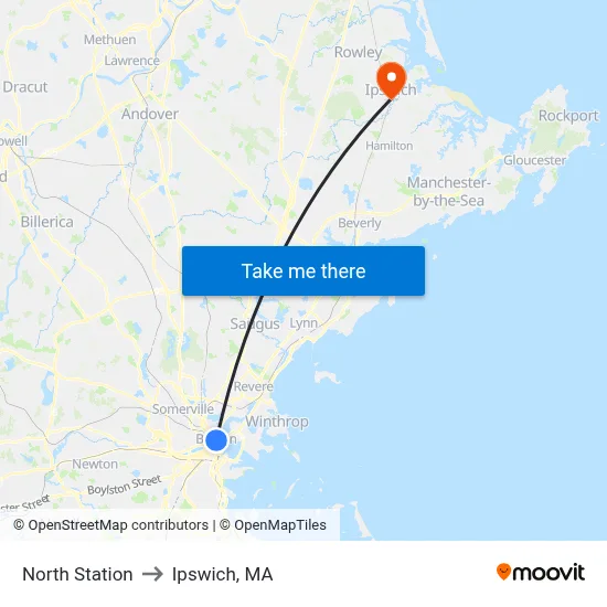 North Station to Ipswich, MA map