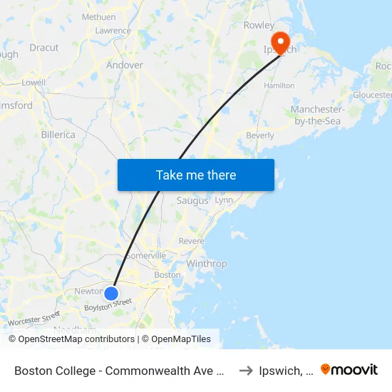 Boston College - Commonwealth Ave @ Lake St to Ipswich, MA map