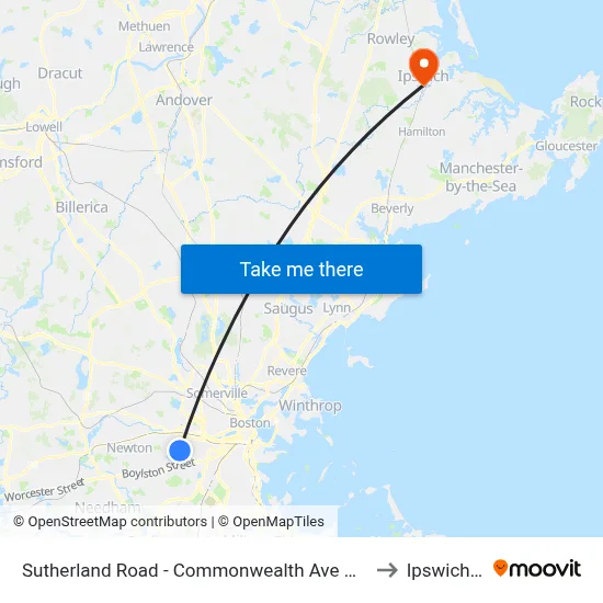 Sutherland Road - Commonwealth Ave @ Colborne Rd to Ipswich, MA map