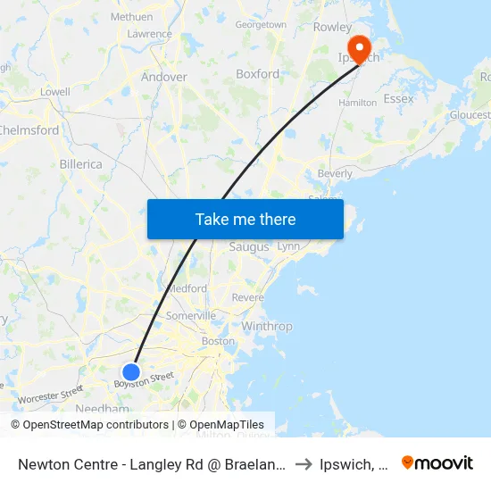 Newton Centre - Langley Rd @ Braeland Ave to Ipswich, MA map