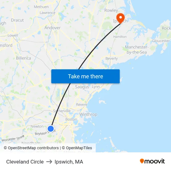 Cleveland Circle to Ipswich, MA map