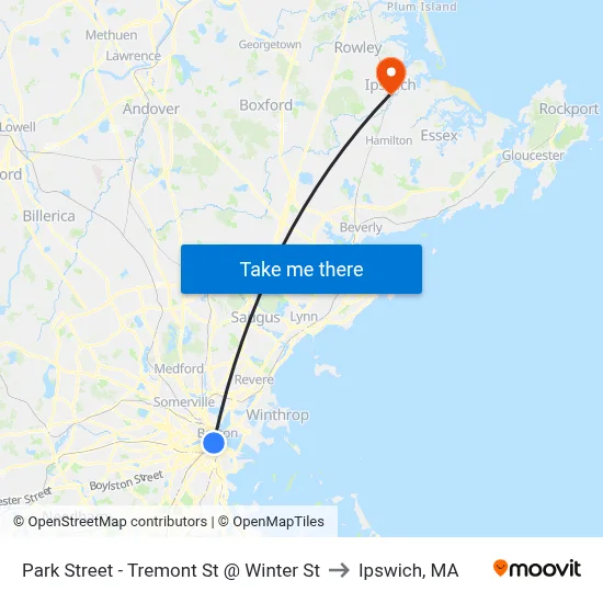 Park Street - Tremont St @ Winter St to Ipswich, MA map