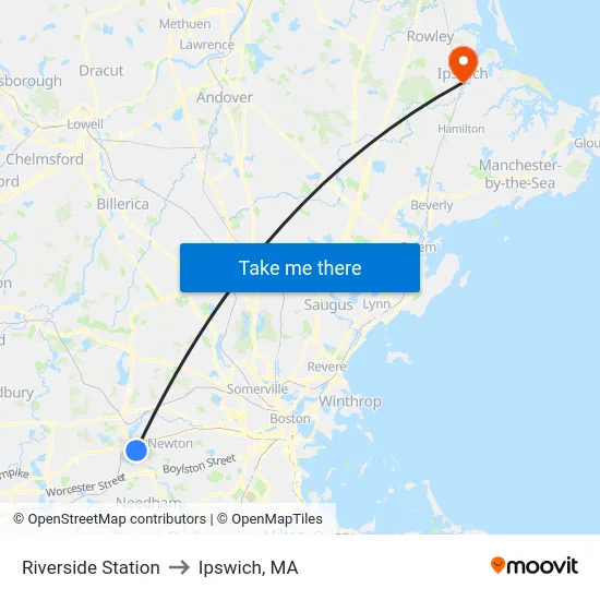 Riverside Station to Ipswich, MA map