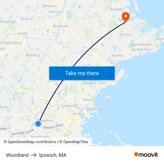 Woodland to Ipswich, MA map