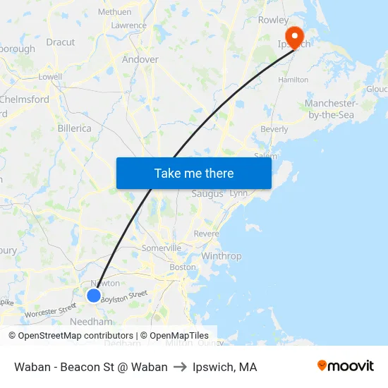 Waban - Beacon St @ Waban to Ipswich, MA map