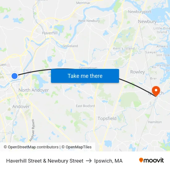 Haverhill Street & Newbury Street to Ipswich, MA map