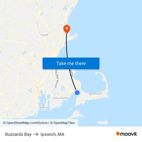 Buzzards Bay to Ipswich, MA map