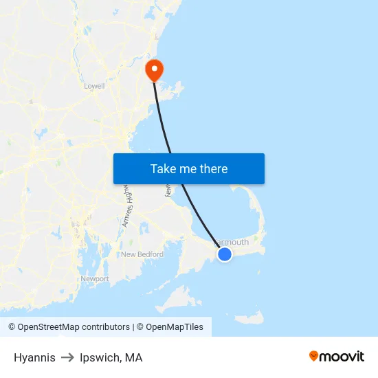 Hyannis to Ipswich, MA map