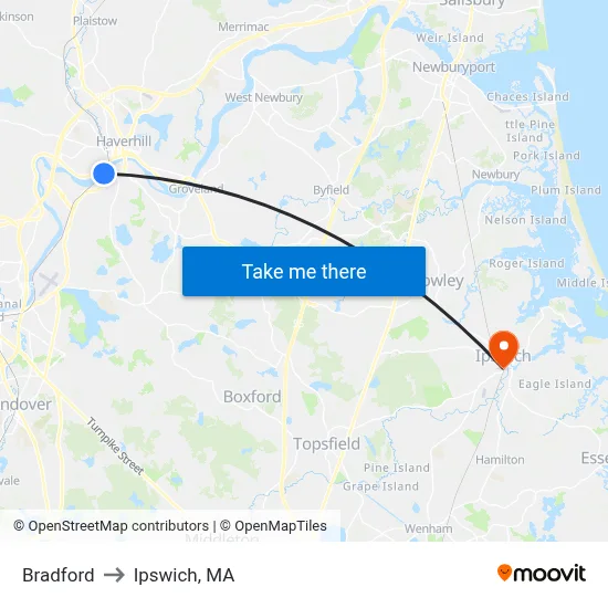 Bradford to Ipswich, MA map