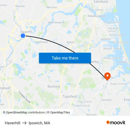 Haverhill to Ipswich, MA map
