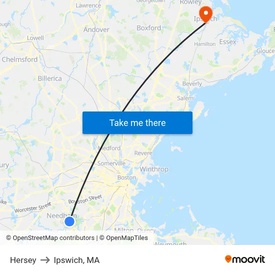 Hersey to Ipswich, MA map