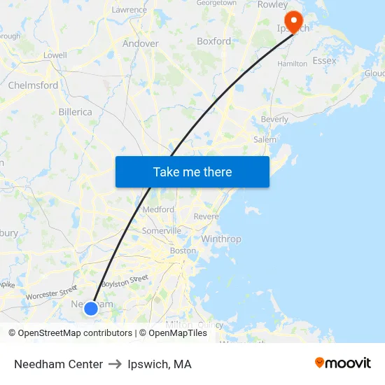 Needham Center to Ipswich, MA map