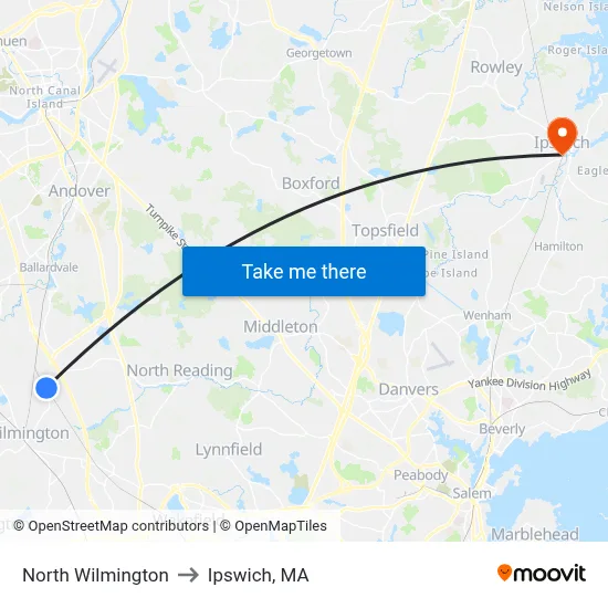 North Wilmington to Ipswich, MA map